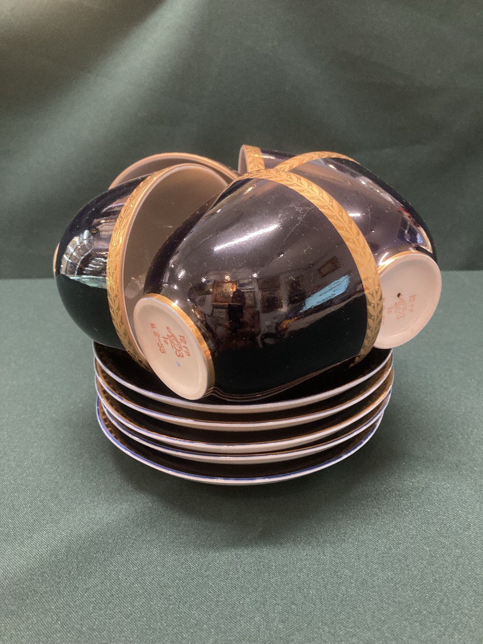 Фарфоровые пять чайных пар.  Кобальт. ЛФЗ.