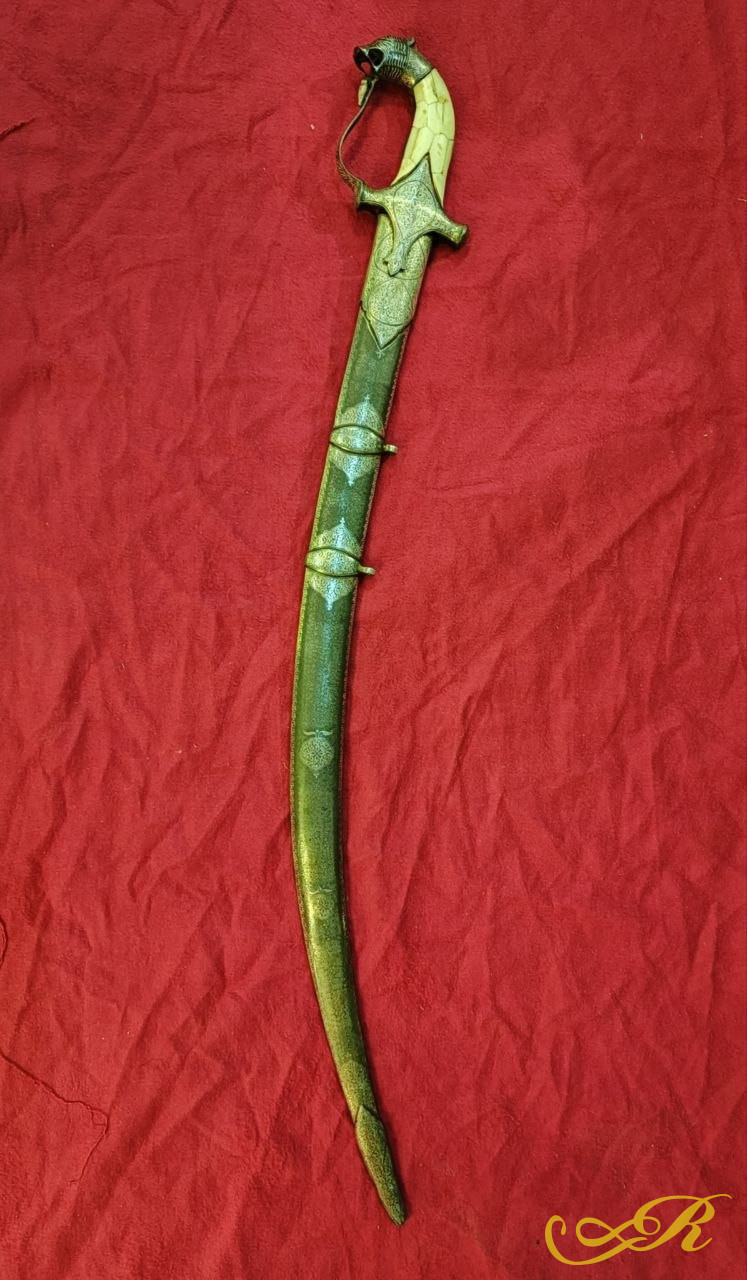  Сабля Персия : 95,5 см, ручка: кость сталь Дамаск, инкрустация серебрение,чернение, травление 