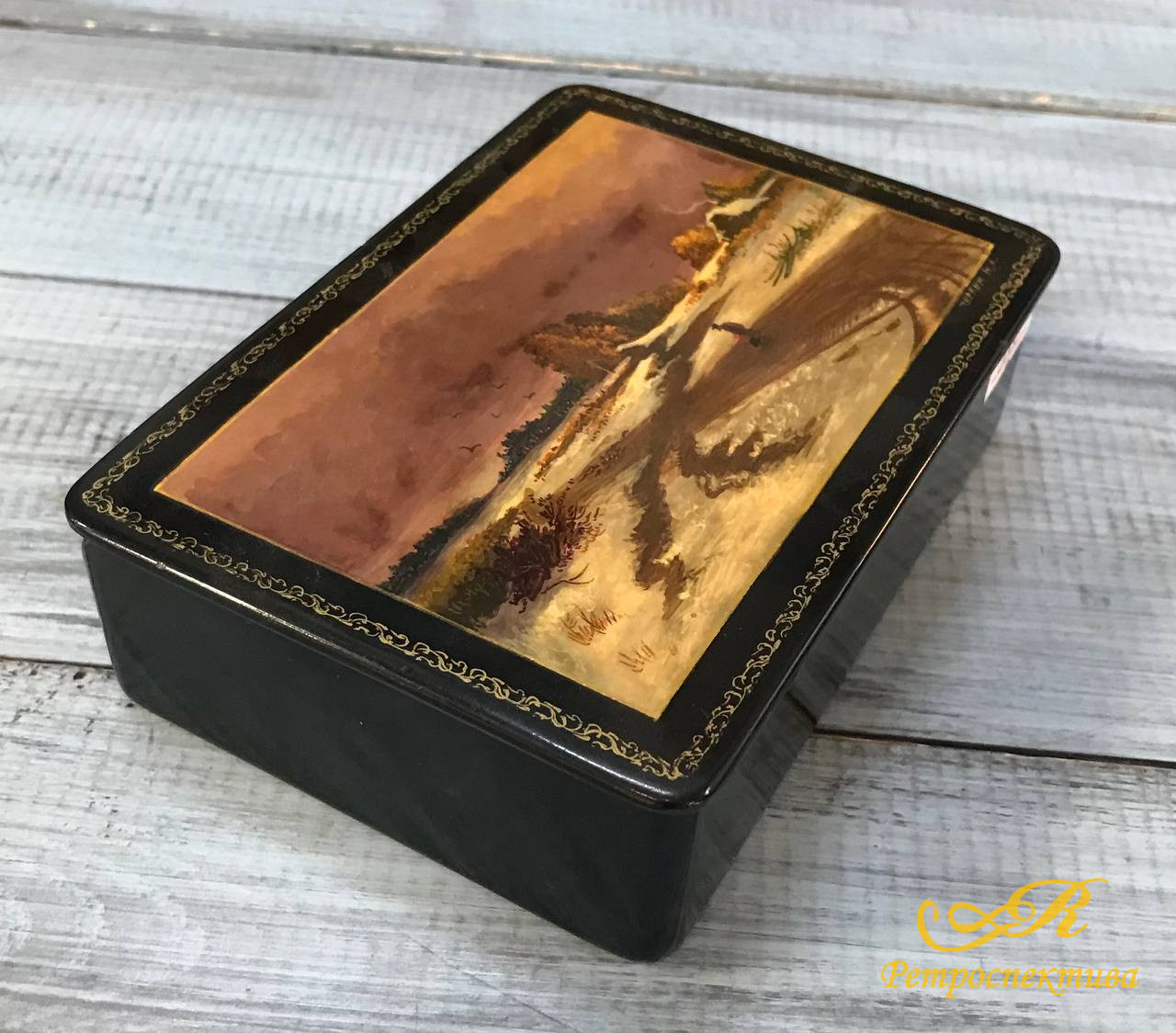 Шкатулка Мстера "Деревенский пейзаж". Автор Чиркин М.А ,9,5*14 см