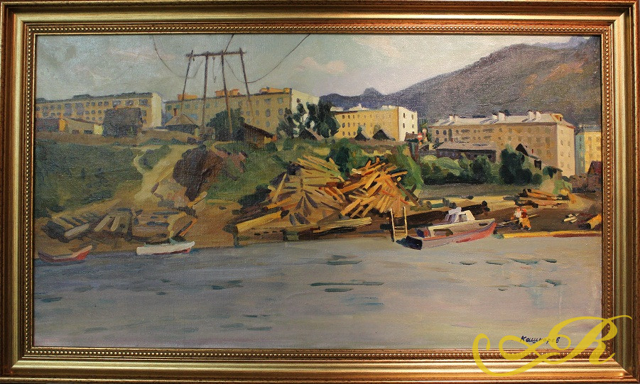 Картина "Новые дома над Енисеем", художник Кашкарев (Кошкарев В.Р.), СССР.