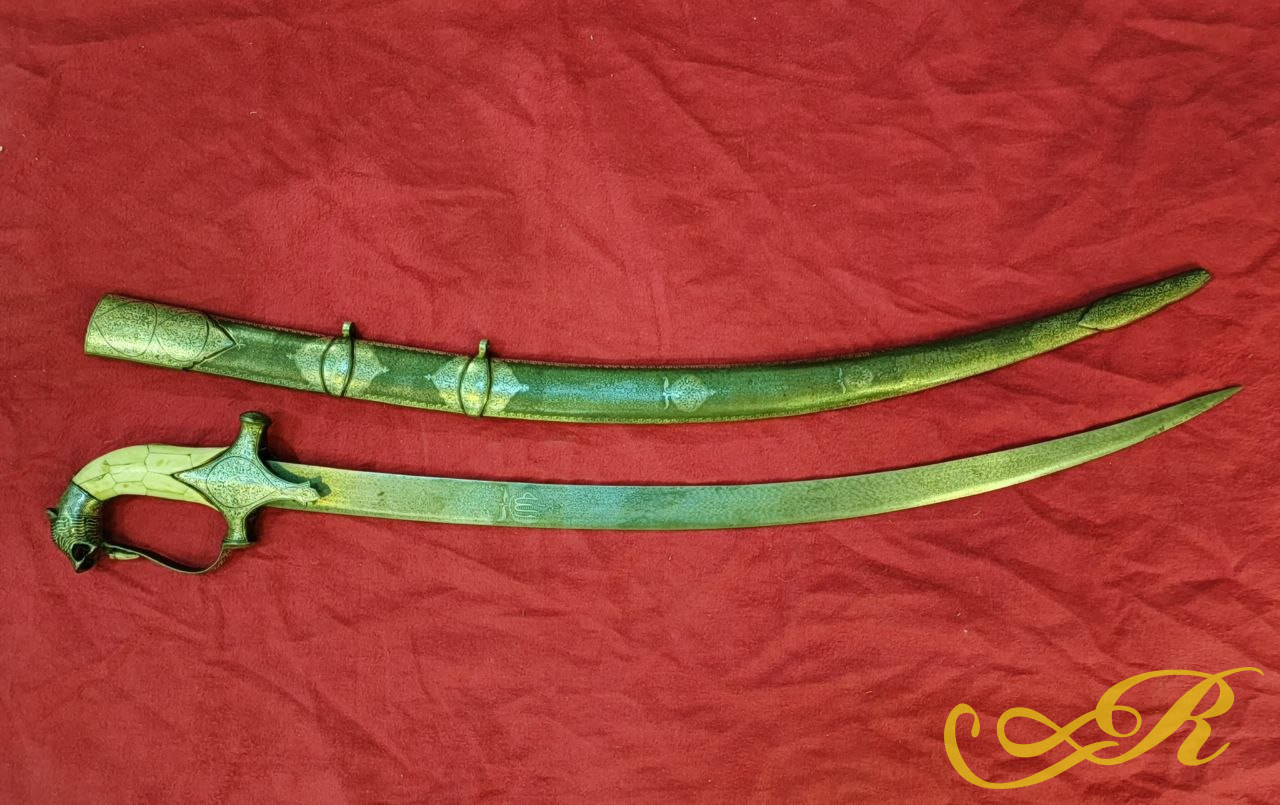  Сабля Персия : 95,5 см, ручка: кость сталь Дамаск, инкрустация серебрение,чернение, травление 