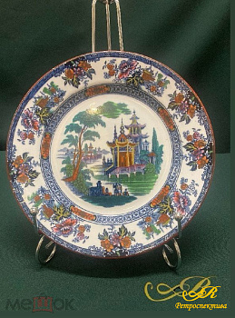 Фарфоровая тарелка декоративная. Кузнецов. Китайский мотив. XIX в. Диаметр 20 см.