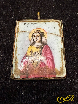  Икона «Святая Мария" в латунной оправе, конец XIX — нач. XX в., эмаль, ручная роспись 