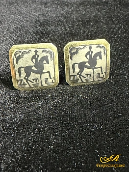Серебряные запонки 875 пр. 11,63 гр. " Жокей." Серебро, золочение, русская чернь. СССР 50 -60 г.г.