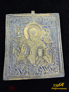 Икона Николай Чудотворец. Медь, эмаль. XIX в.